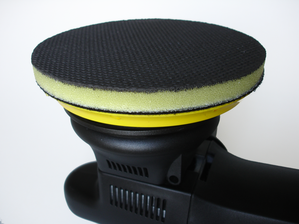 Klaren's Yellow Power Disc Clay Bar Pad on a Black Random Orbital Polisher